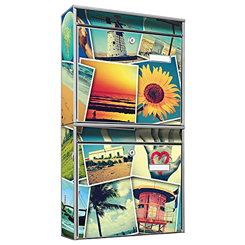 banjado® Briefkastenanlage 2 Fach 36x64x10cm mit Motiv/Briefkasten groß mit Namensschild/Postkasten A4 Einwurf inkl. Montagematerial & je 2 Schlüsseln/Briefkasten ohne Zeitungsfach