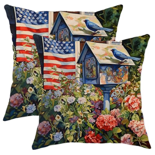 Kissenbezug für den Garten, Motiv: amerikanische Flagge, Landhaus, Briefkasten, Vogel, Blumen, Pflanzen, Land, bunt, weicher Samt, Reißverschluss, für drinnen und draußen, Bürostuhl, Schlafzimmer