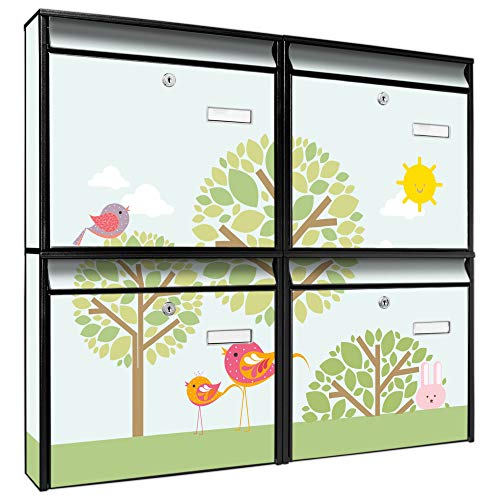Briefkastenanlage 4 Fach | Postkästen 72x64x10cm groß | verzinkter Stahl Silber DIN A4 Motiv DREI Bäume | Briefkasten Set 4 Briefkästen Namensschild, 2 Schlüssel, Montagematerial