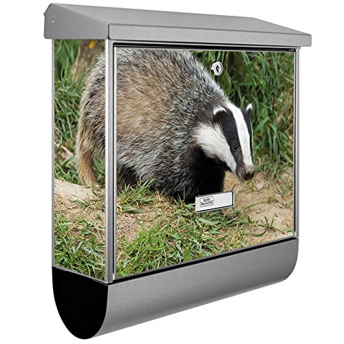 banjado® Burgwächter Briefkasten Edelstahl 38x39x12cm mit Motiv Dachs/Briefkasten Edelstahl ohne Zeitungsfach/Briefkasten grau/Postkasten inkl. Montagematerial & 2 Schlüsseln