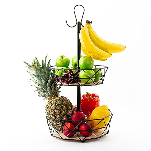 VESTAhome Obst Etagere 2 Etagen - Etagere Obst für mehr Platz auf der Arbeitsplatte - Obstschale Etagere - dekorativer Obstkorb inkl. Bananenhaken