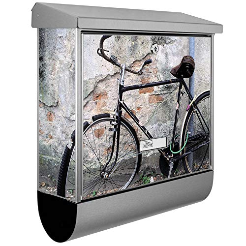 banjado® Burgwächter Briefkasten Edelstahl 38x39x12cm mit Motiv Nostalgie Rad/Briefkasten Edelstahl ohne Zeitungsfach/Briefkasten grau/Postkasten inkl. Montagematerial & 2 Schlüsseln