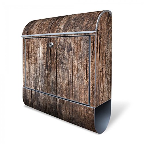 Banjado Design Briefkasten mit Motiv Altes Holz | Stahl pulverbeschichtet mit Zeitungsrolle | Größe 39x47x14cm, 2 Schlüssel, A4 Einwurf, inkl. Montagematerial