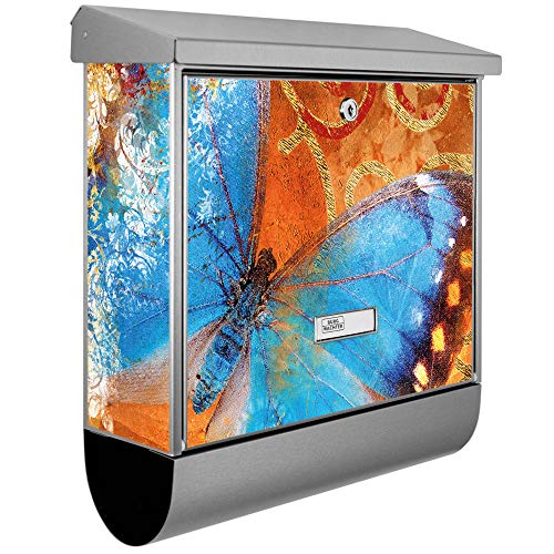 banjado® Burgwächter Briefkasten Edelstahl 38x39x12cm mit Motiv Schmetterling/Briefkasten Edelstahl ohne Zeitungsfach/Briefkasten grau/Postkasten inkl. Montagematerial & 2 Schlüsseln