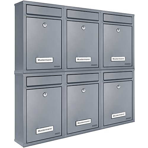 MONZANA® 6X Briefkasten Silber inkl. 2 Schlüssel Namensschild abschließbar Mailbox Briefkastenanlage Postkasten Stahl
