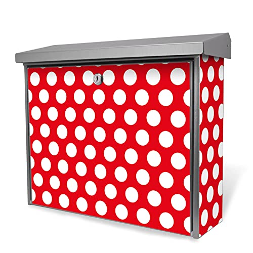 banjado® Burgwächter Briefkasten Edelstahl 38,5x31,5x12cm mit Motiv Punkte Rot/Briefkasten Edelstahl ohne Zeitungsfach/Briefkasten grau/Postkasten inkl. Montagematerial & 2 Schlüsseln