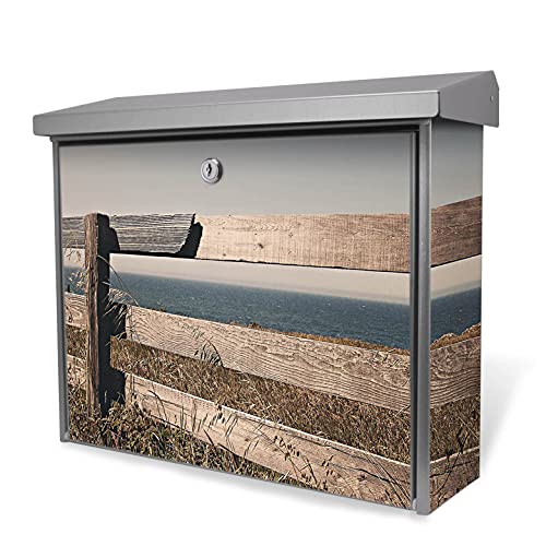 banjado® Burgwächter Briefkasten Edelstahl 38x39x12cm mit Motiv Zaun am Meer/Briefkasten Edelstahl ohne Zeitungsfach/Briefkasten grau/Postkasten inkl. Montagematerial & 2 Schlüsseln