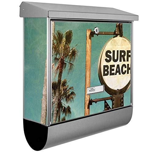banjado® Burgwächter Briefkasten Edelstahl 38x39x12cm mit Motiv Surf Beach/Briefkasten Edelstahl ohne Zeitungsfach/Briefkasten grau/Postkasten inkl. Montagematerial & 2 Schlüsseln