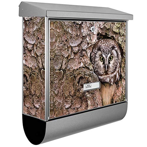 banjado® Burgwächter Briefkasten Edelstahl 38x39x12cm mit Motiv Eule/Briefkasten Edelstahl ohne Zeitungsfach/Briefkasten grau/Postkasten inkl. Montagematerial & 2 Schlüsseln