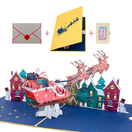 uniqHeart® Handgemachte 3D Pop-Up Weihnachts-Karte Weihnachtsschlitten mit Rentieren -inkl. edlem Wachs-Siegel und elegantem Geschenk-Umschlag - Weihnachts-Grüße - Xmas - Lustig - Klassisch