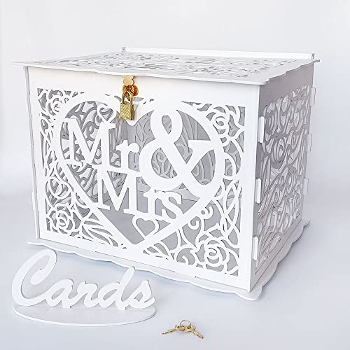 Jolik Neuestes Design Briefbox Hochzeit Geschenkkarten Box Vintage Groß DIY Holz Kartenbox Hochzeit Geldbox mit Schloss für Hochzeit Geburtstag Babyparty Jubiläum (Mr & Mrs, Weiß)