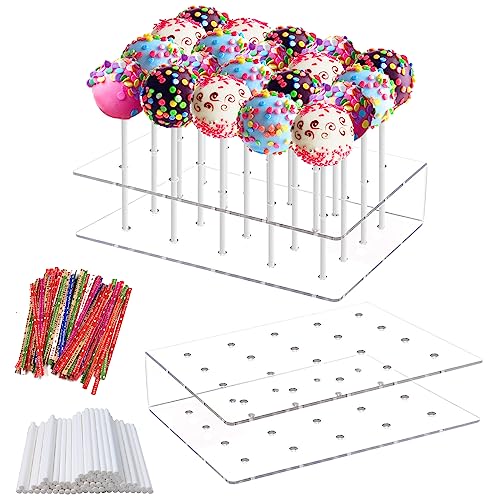 2er Set Lollipop Ständer mit 20 Löchern Cake Pop Halterung, inklusive 100 Papierstäbchen für Hochzeit, Geburtstag und Halloween Deko
