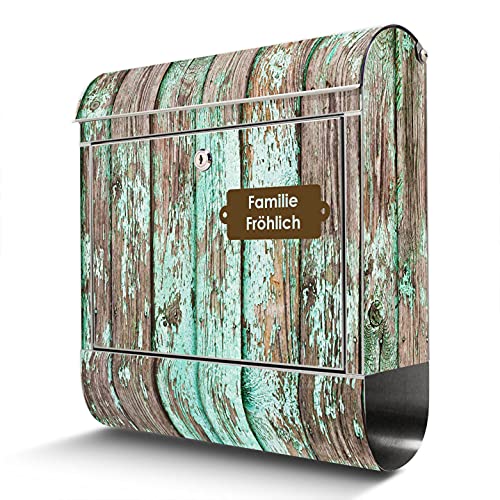 banjado® Briefkasten Edelstahl personalisiert mit Motiv Verwittertes Holz 38x43x12cm & 2 Schlüssel - rostfreier Edelstahl Briefkasten mit Zeitungsfach - Postkasten A4 Einwurf inkl. Montagematerial