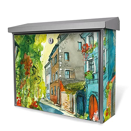 banjado® Burgwächter Briefkasten Edelstahl 38,5x31,5x12cm mit Motiv Historischer Stadtkern/Briefkasten Edelstahl ohne Zeitungsfach/Briefkasten grau/Postkasten inkl. Montagematerial & 2 Schlüsseln