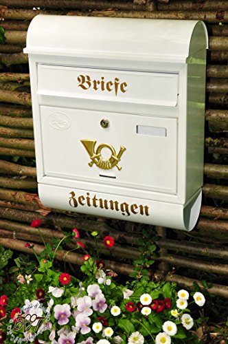 BTV NEU Briefkasten R XXL weiß + golden Posthorn mit Zeitungsrolle fertig montiert Postkasten rund