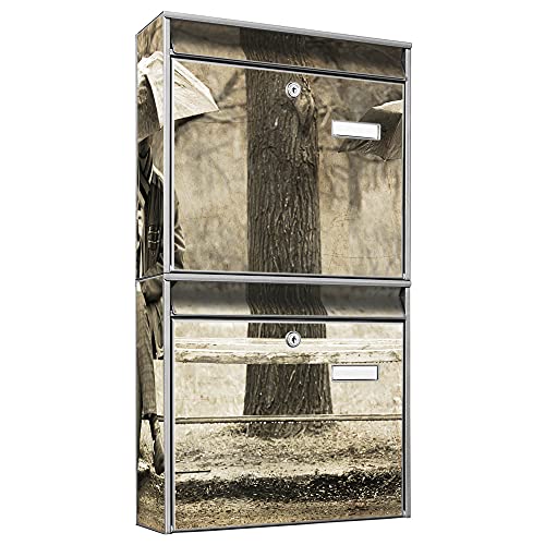 banjado® Briefkastenanlage 2 Fach 36x64x10cm mit Motiv/Briefkasten groß mit Namensschild/Postkasten A4 Einwurf inkl. Montagematerial & je 2 Schlüsseln/Briefkasten ohne Zeitungsfach