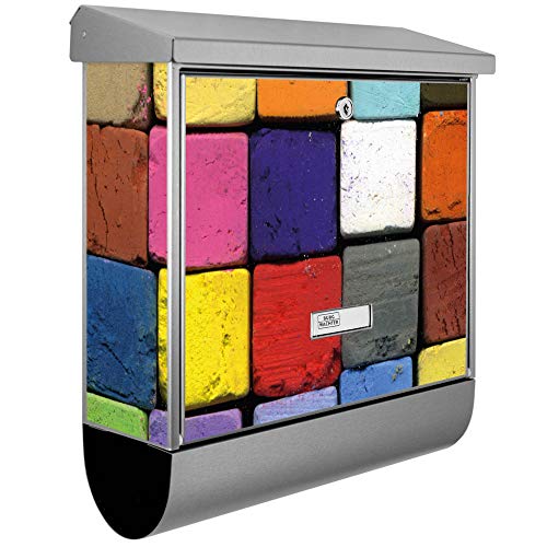 banjado® Burgwächter Briefkasten Edelstahl 38x39x12cm mit Motiv Bunte Kreide/Briefkasten Edelstahl ohne Zeitungsfach/Briefkasten grau/Postkasten inkl. Montagematerial & 2 Schlüsseln