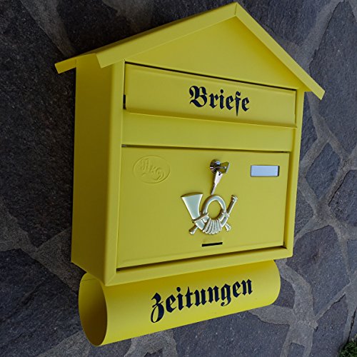 Naturholz-Schreinermeiste r Großer Briefkasten/Postkasten XXL Gelb Matt mit Zeitungsrolle Zeitungsfach Spitzdach Zeitungsrohr Bicolor
