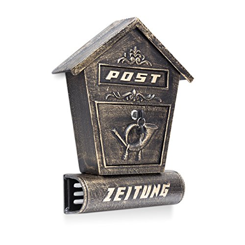 Relaxdays Briefkasten Antik mit Zeitungsfach spitzes Dach HBT: 47 x 30 x 9,5 cm Wandbriefkasten aus Gusseisen zur Wandmontage mit Zeitungsrolle nostalgisches Design mit Verzierung, bronze