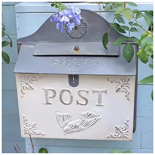 Vintage Briefkasten mit Schloss aus Gusseisen, Wandbriefkasten aus Metall, dekorativer Briefkasten mit Schloss für den Außenbereich (Color : Weiß, S : 32x10x35cm)