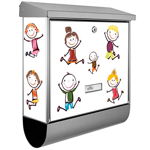 banjado® Burgwächter Briefkasten Edelstahl 38x39x12cm mit Motiv Happy Kids/Briefkasten Edelstahl ohne Zeitungsfach/Briefkasten grau/Postkasten inkl. Montagematerial & 2 Schlüsseln
