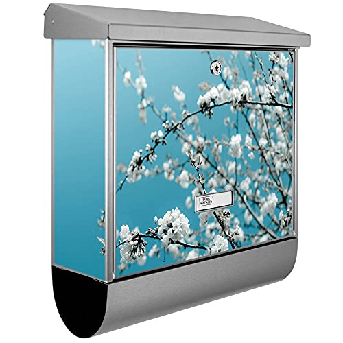 banjado® Burgwächter Briefkasten Edelstahl 38x39x12cm mit Motiv weiße Kirschblüten/Briefkasten mit Zeitungsfach/Briefkasten mit Zeitungsrolle/Postkasten inkl. Montagematerial & 2 Schlüsseln