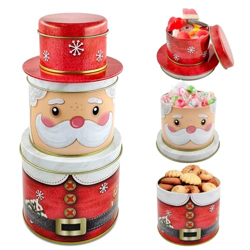 TaimeiMao 3 Stück Weihnachten Keksdose,3 in 1 Weihnachtsmann Keksdosen,Plätzchendose Metall,Dreistöckige Gebäckdosen,Vorratsdosen für Süßigkeiten Schokolade Cookies zu Winter Advent Weihnachten