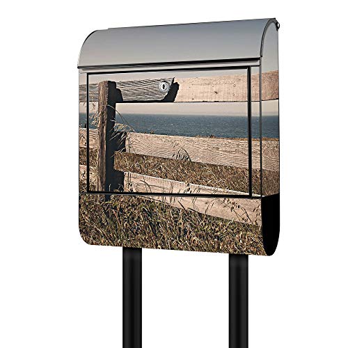 Banjado Design Briefkasten mit Motiv Zaun am Meer | Stahl pulverbeschichtet mit Zeitungsrolle | Größe 39x47x14cm, 2 Schlüssel, A4 Einwurf, inkl. Montagematerial