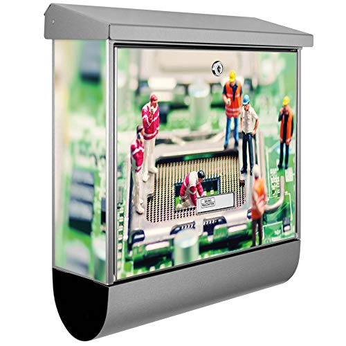 banjado® Burgwächter Briefkasten Edelstahl 38x39x12cm mit Motiv Wartungsarbeiten/Briefkas ten Edelstahl ohne Zeitungsfach/Briefkasten grau/Postkasten inkl. Montagematerial & 2 Schlüsseln