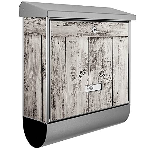 banjado® Burgwächter Briefkasten Edelstahl 38x39x12cm mit Motiv weiße Bretter/Briefkasten mit Zeitungsfach/Briefkasten mit Zeitungsrolle/Postkasten inkl. Montagematerial & 2 Schlüsseln