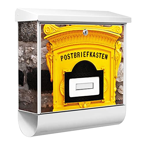 banjado® Burgwächter Briefkasten Weiß 38x39x12cm mit Motiv Historische Post/Briefkasten mit Zeitungsfach/Briefkasten mit Zeitungsrolle/Postkasten inkl. Montagematerial & 2 Schlüsseln