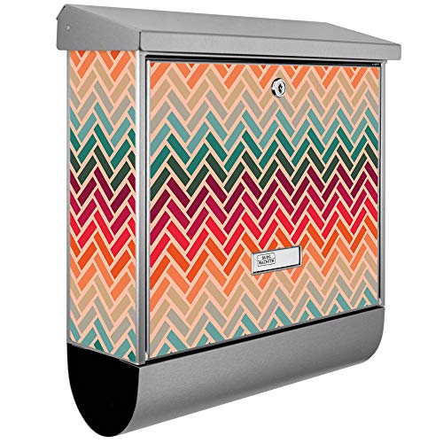 banjado® Burgwächter Briefkasten Edelstahl 38x39x12cm mit Motiv Fischgräten/Briefkasten Edelstahl ohne Zeitungsfach/Briefkasten grau/Postkasten inkl. Montagematerial & 2 Schlüsseln