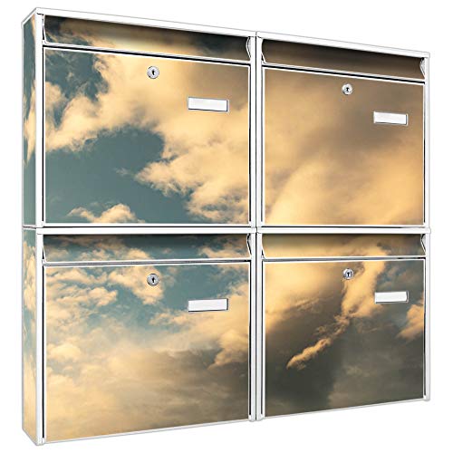 Briefkastenanlage 4 Fach | Postkästen 72x64x10cm groß | verzinkter Stahl weiß DIN A4 Motiv Wolken 6 | Briefkasten Set 4 Briefkästen Namensschild, 2 Schlüssel, Montagematerial