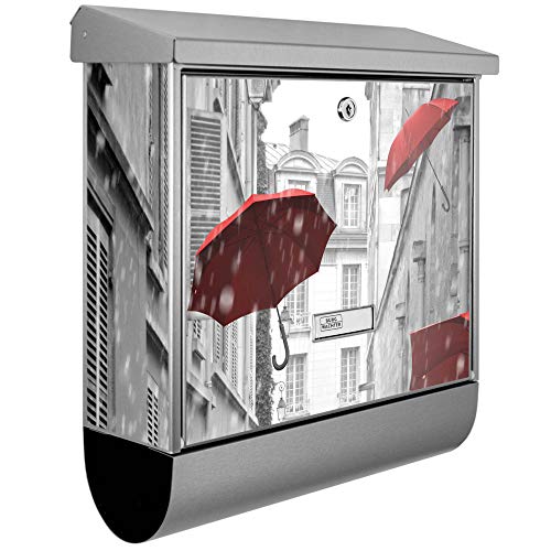 banjado® Burgwächter Briefkasten Edelstahl 38x39x12cm mit Motiv Rote Schirme/Briefkasten Edelstahl ohne Zeitungsfach/Briefkasten grau/Postkasten inkl. Montagematerial & 2 Schlüsseln