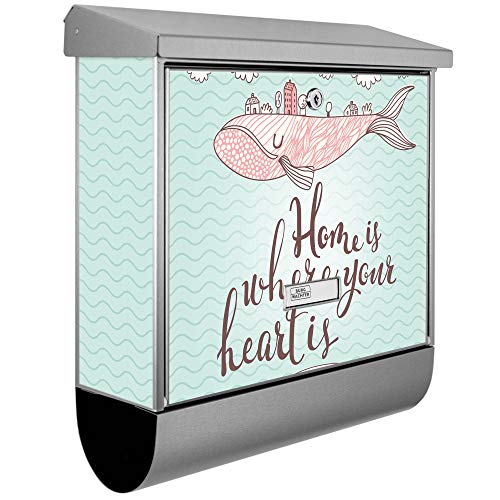 banjado® Burgwächter Briefkasten Edelstahl 38x39x12cm mit Motiv Herzensangelegenheit/Brie fkasten Edelstahl ohne Zeitungsfach/Briefkasten grau/Postkasten inkl. Montagematerial & 2 Schlüsseln