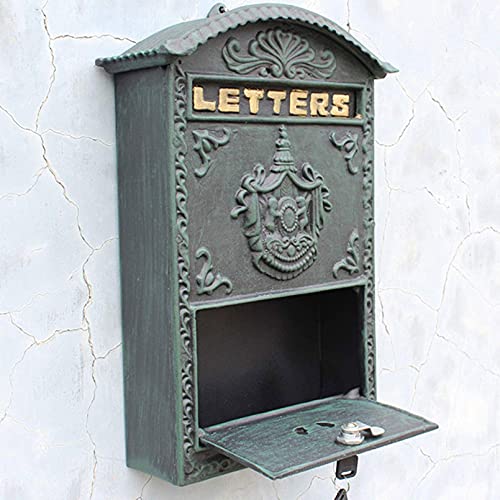 FGDFGDG Schwere Briefkästen für die Wandmontage - Vintage Briefkasten Vintage Dekorativer Briefkasten aus Gusseisen Retro Metall Abschließbarer Außenvertikaler Briefkasten,Grün