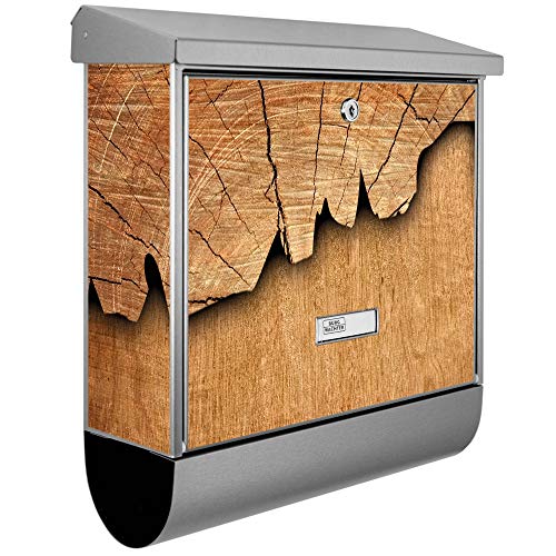 banjado® Burgwächter Briefkasten Edelstahl 38x39x12cm mit Motiv Holz/Briefkasten Edelstahl ohne Zeitungsfach/Briefkasten grau/Postkasten inkl. Montagematerial & 2 Schlüsseln
