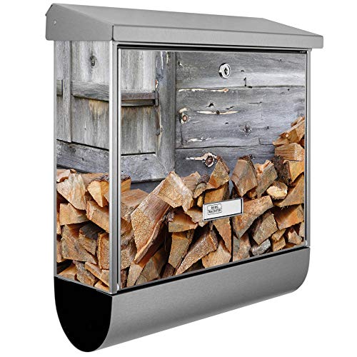 banjado® Burgwächter Briefkasten Edelstahl 38x39x12cm mit Motiv Feuerholz/Briefkasten Edelstahl ohne Zeitungsfach/Briefkasten grau/Postkasten inkl. Montagematerial & 2 Schlüsseln
