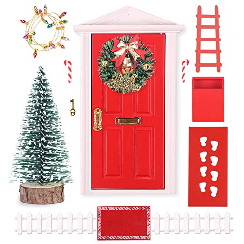Fesaizwi Wichteltür Set, Miniatur Wichtel Zubehör Weihnachten Rot, Weihnachtswichtel Komplettset Tür, Zauberhafte Weihnachtsdeko Feentür für Kinder