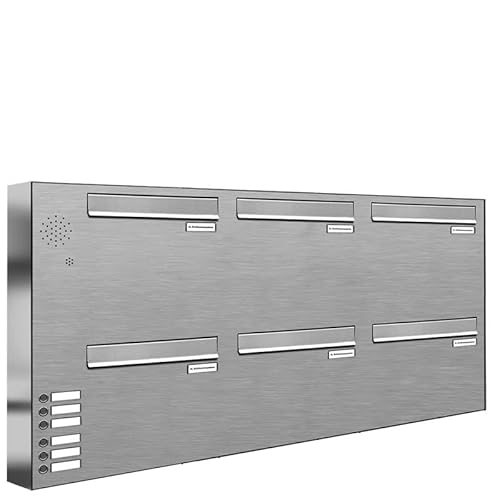AL Briefkastensysteme 6er Briefkasten für Tür/Zaundurchwurf in V2A Edelstahl mit Klingel, 6 Fach, wetterfeste Premium Briefkastenanlage modern