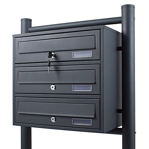 BITUXX® Stand-Briefkastenanlage Postkasten Letterbox Mailbox Doppelt u. Einzel Dunkelgrau (3 Fächer)