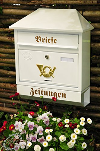 NEU Briefkasten W XXL weiß + golden Posthorn mit Zeitungsrolle fertig montiert Postkasten Post