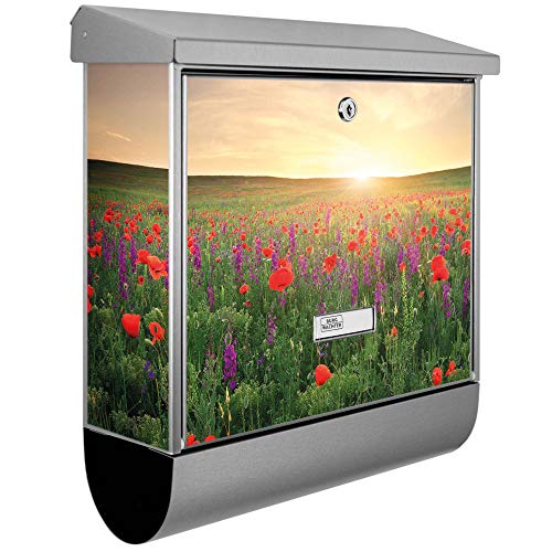 banjado® Burgwächter Briefkasten Edelstahl 38x39x12cm mit Motiv Sommerfeld/Briefkasten Edelstahl ohne Zeitungsfach/Briefkasten grau/Postkasten inkl. Montagematerial & 2 Schlüsseln