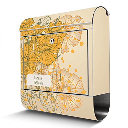 banjado® Briefkasten Edelstahl personalisiert mit Motiv Blumen Gelb Grau 38x43x12cm & 2 Schlüssel - rostfreier Edelstahl Briefkasten mit Zeitungsfach - Postkasten A4 Einwurf inkl. Montagematerial