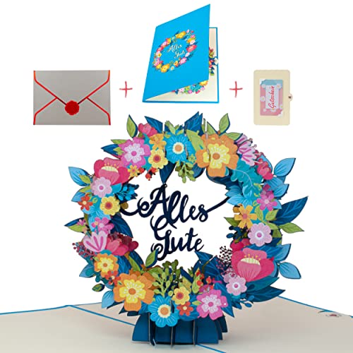 uniqHeart® Handgemachte 3D Pop-Up Karte Alles Gute Blumen-Kranz -inkl. edlem Wachs-Siegel und elegantem Geschenk-Umschlag - Blumen-Karte - statt Blumen-Strauss - Glückwunsch zum Geburtstag - Muttertag