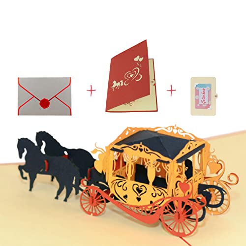 uniqHeart® Handgemachte 3D Pop-Up Hochzeits-Karte Brautpaar in Pferde-Kutsche - inkl. edlem Wachs-Siegel und elegantem Geschenk-Umschlag - Glückwunsch-Karte - Standesamt - Trauung- Gutschein