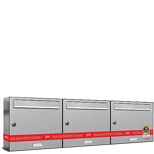 AL Briefkastensysteme 3er Briefkastenanlage aus V2A Edelstahl, Premium Briefkasten DIN A4, 3 Fach Postkasten modern Aufputz