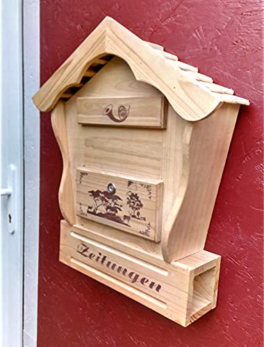 DARLUX Spitzdach Holzbriefkasten Postkasten mit Zeitungsfach aus Holz, Vollholz, Massivholz hell naturfarben ohne Lasur, Naturhaus, Holzhaus, Briefkästen Postkasten