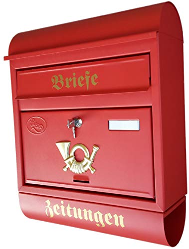 P&D Großer Briefkasten/Postkasten XXL Rot Matt Runddach mit Zeitungsrolle und Befestigungsmaterial