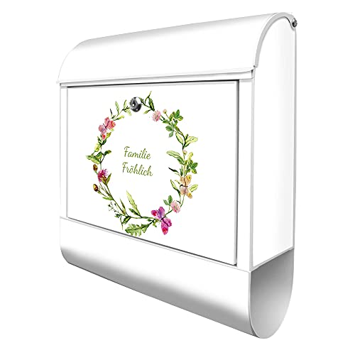 banjado® Design Briefkasten personalisiert Motiv Aquarell Blumenring 39x47x14cm & 2 Schlüssel - Briefkasten Stahl weiß Zeitungsfach pulverbeschichtet - Postkasten A4 Einwurf inkl. Montagematerial
